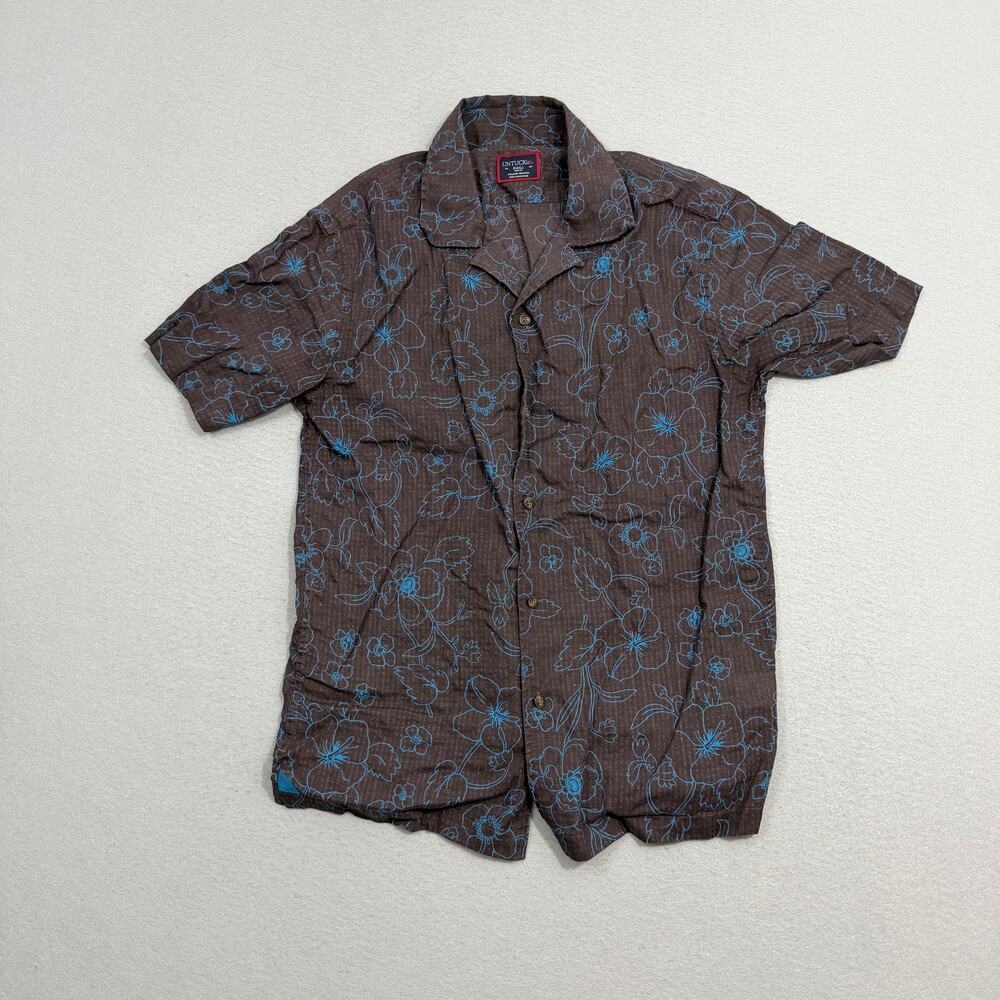 UNTUCKit Shirt Men's Small Brown Blue Floral Linen Cotton Short Sleeve Casual